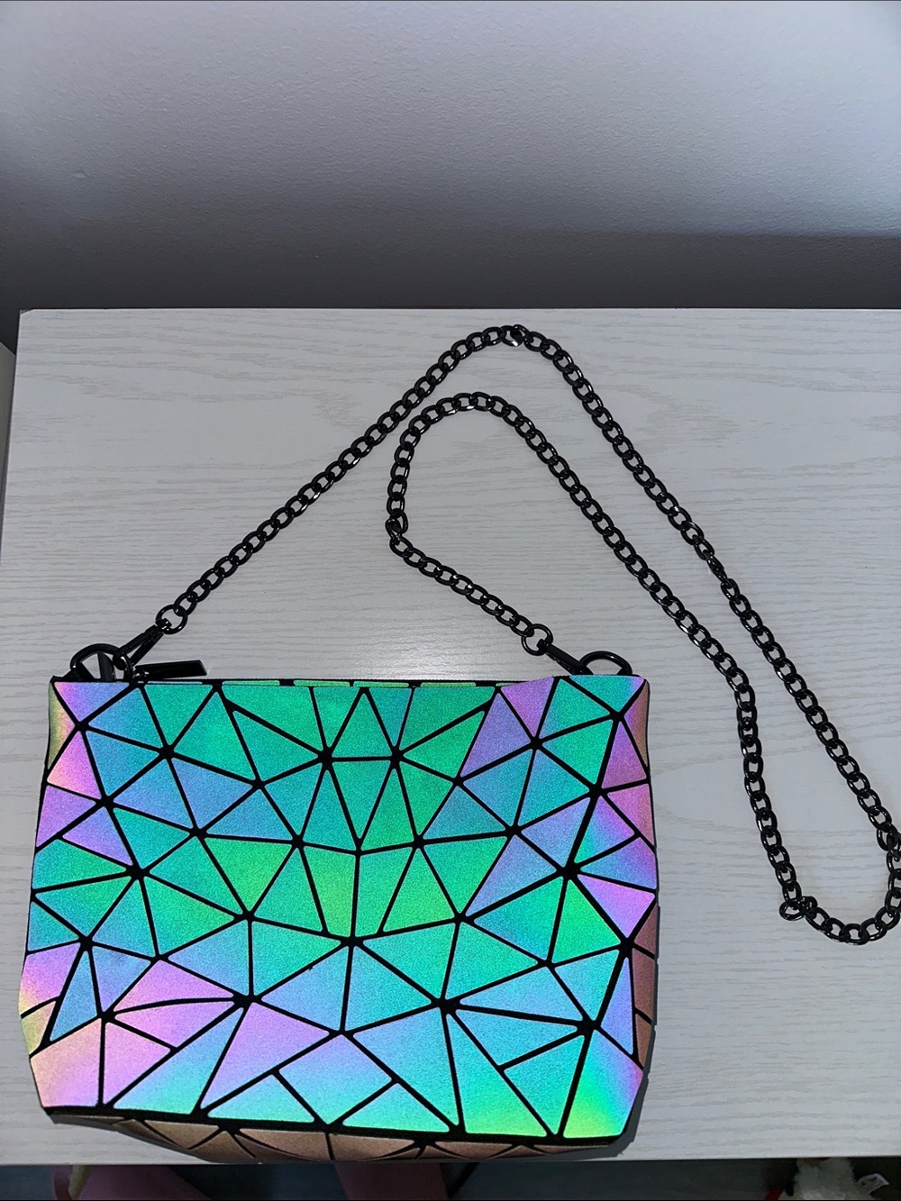 Iridescent Geometric Crossbody Bag with Black Chain